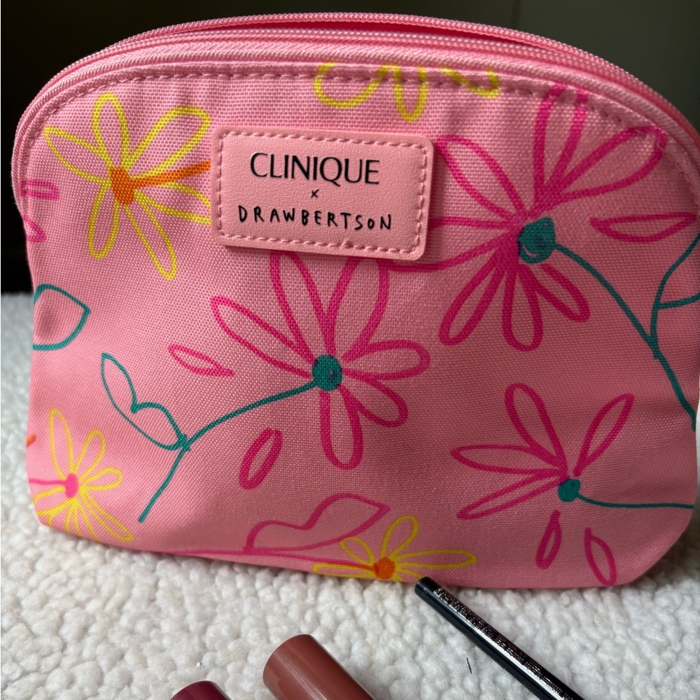 Clinique x Drawbertson Pink Floral Cosmetic Bag Bundle